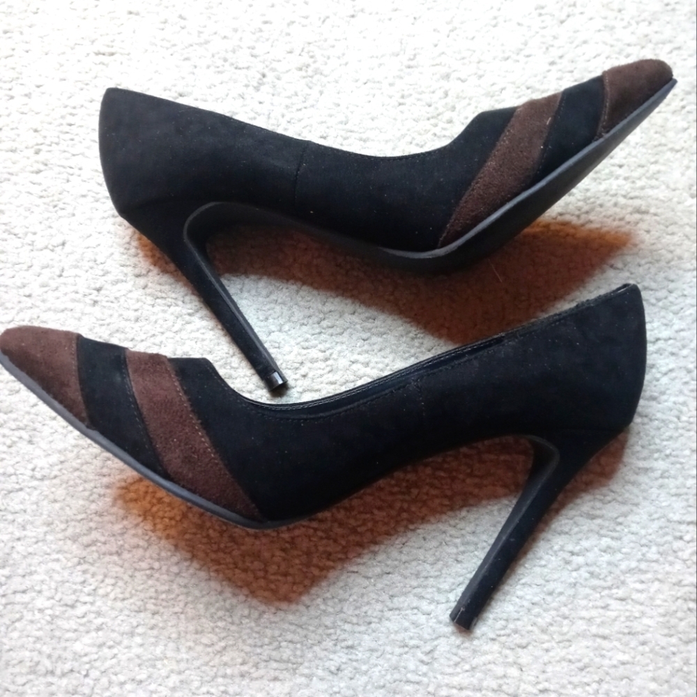 Women's black and brown size 7 stripe suede 4.5 inch heels